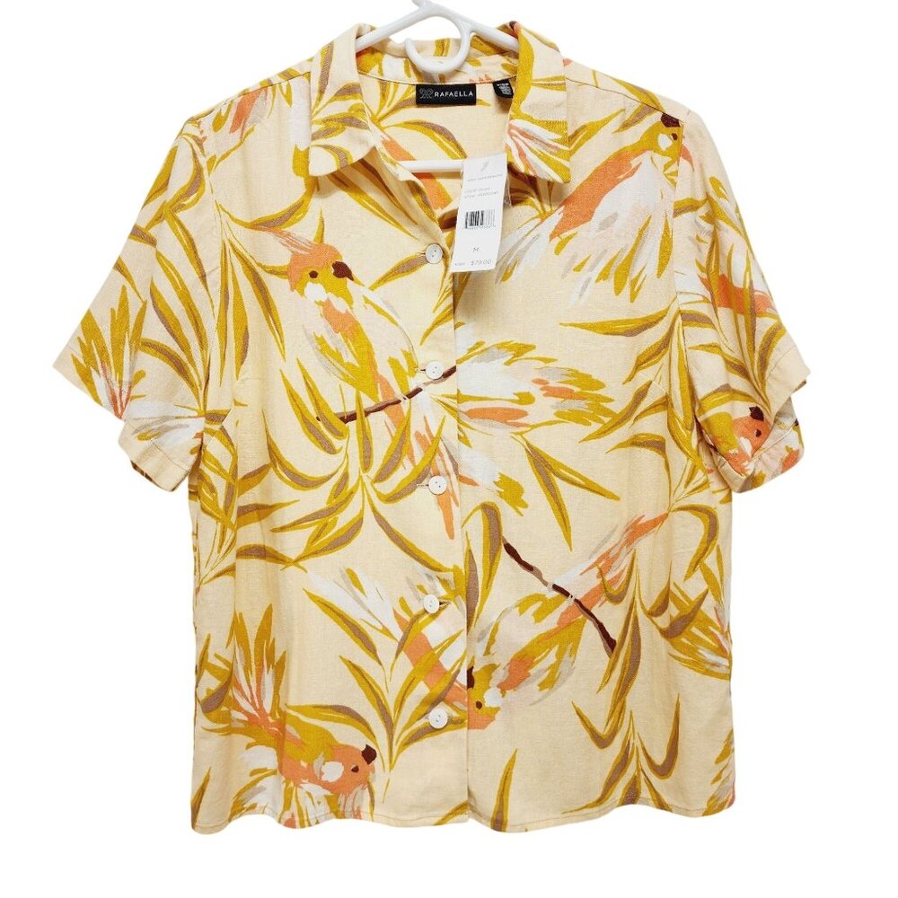 Rafaella Womens Short Sleeve Button-Down Shirt size M Linen-Blend Tropical Print